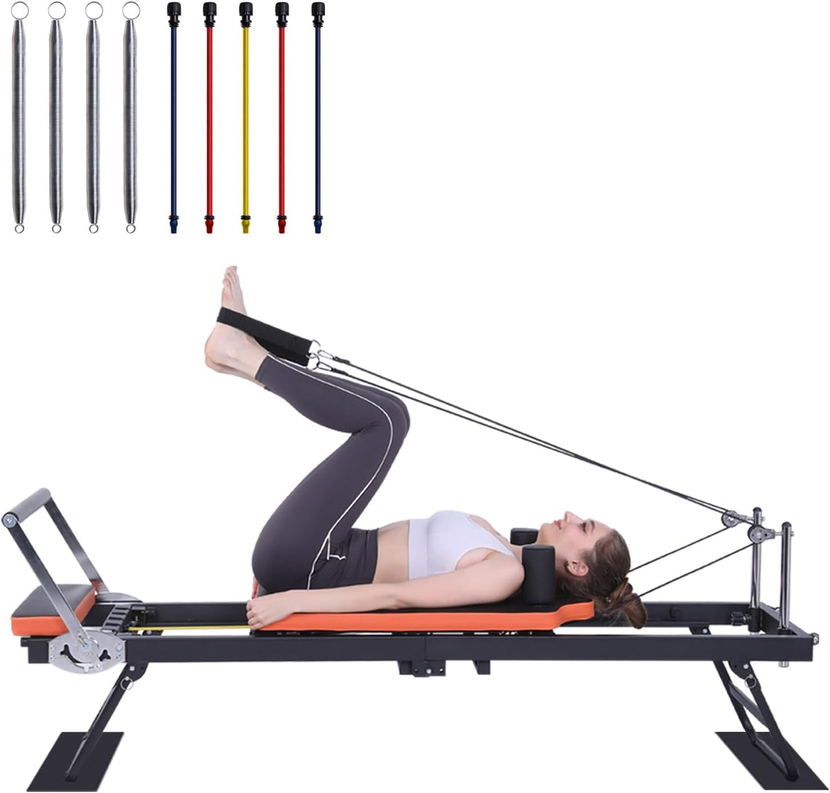 Pilates Reformer, Foldable Pilates Machine (with 4 Springs & 5 Resistance Cords) for Home Gym Studio Workout, Folding Pilates Equipment for Beginners & Advanced Users (4-6 Feet)