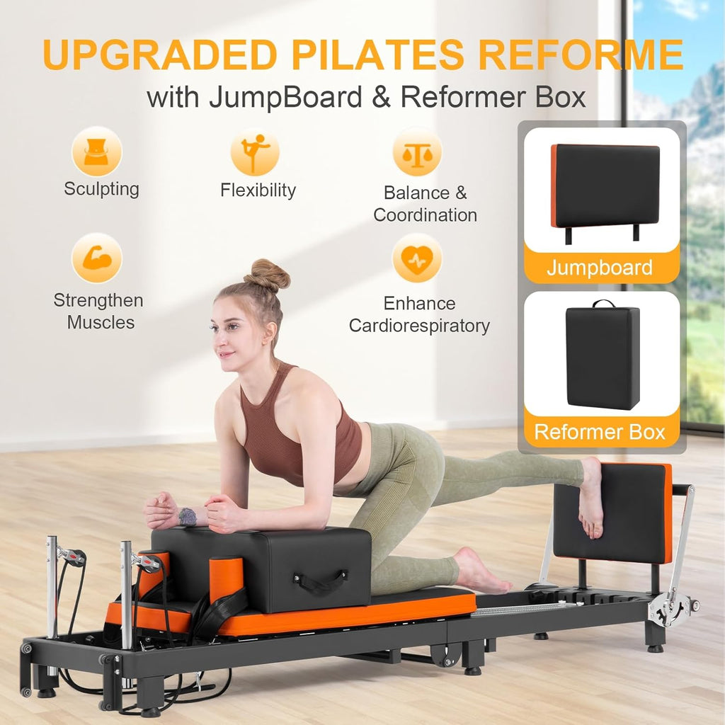 Pilates Reformer, Foldable Pilates Machine with Jump Board & Pilates Box (4 Springs & 5 Resistance Cords) for Home Gym Workout, Pilates Equipment Kit for Beginners & Advanced Users, Up to 500 LBS