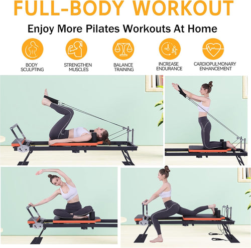 Pilates Reformer, Foldable Pilates Machine (with 4 Springs & 5 Resistance Cords) for Home Gym Studio Workout, Folding Pilates Equipment for Beginners & Advanced Users (4-6 Feet)