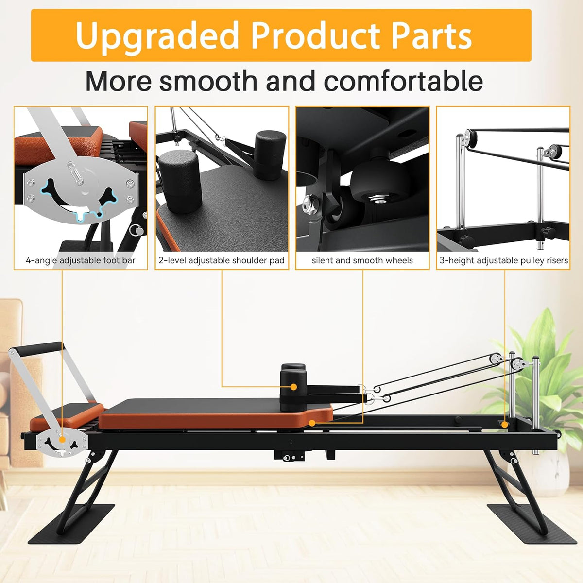 Pilates Reformer, Foldable Pilates Machine (with 4 Springs & 5 Resistance Cords) for Home Gym Studio Workout, Folding Pilates Equipment for Beginners & Advanced Users (4-6 Feet)