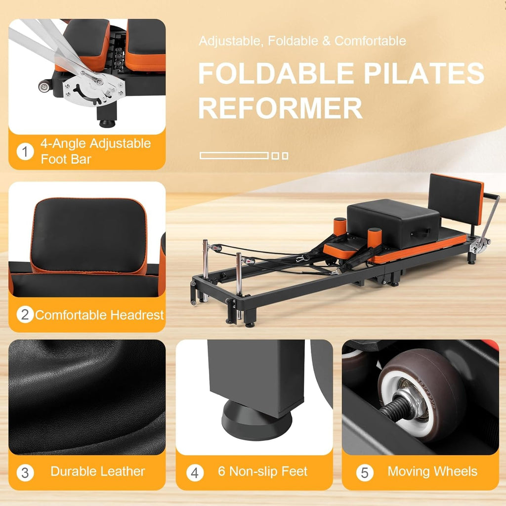 Pilates Reformer, Foldable Pilates Machine with Jump Board & Pilates Box (4 Springs & 5 Resistance Cords) for Home Gym Workout, Pilates Equipment Kit for Beginners & Advanced Users, Up to 500 LBS