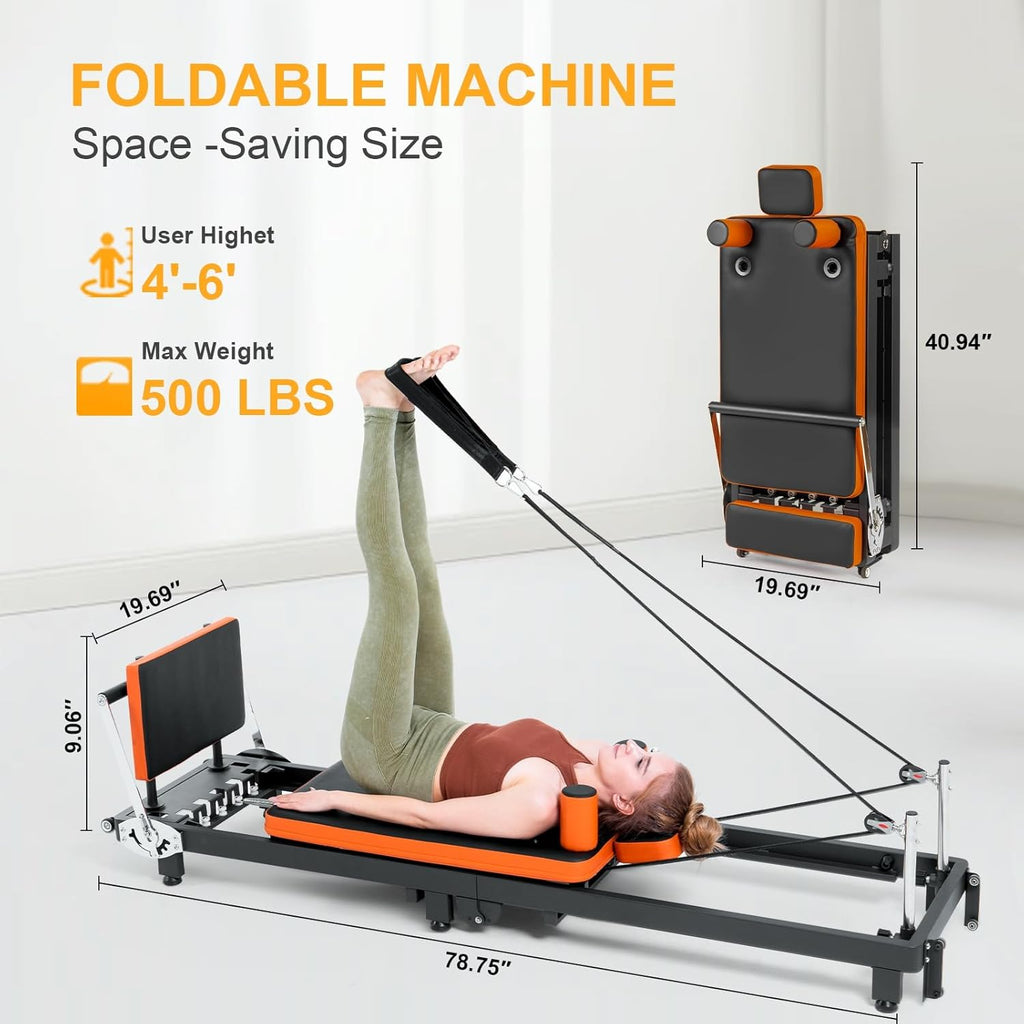 Pilates Reformer, Foldable Pilates Machine with Jump Board & Pilates Box (4 Springs & 5 Resistance Cords) for Home Gym Workout, Pilates Equipment Kit for Beginners & Advanced Users, Up to 500 LBS