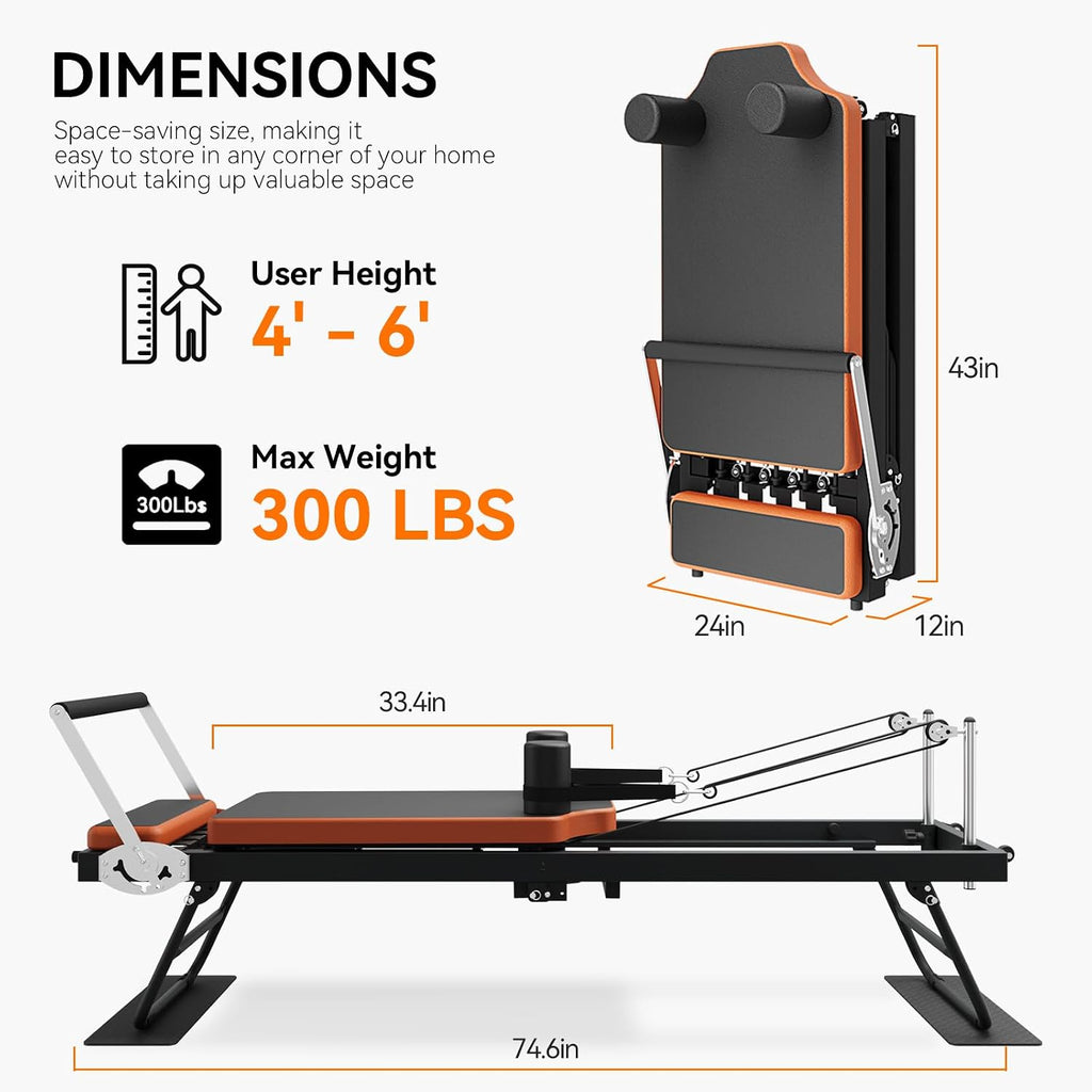 Pilates Reformer, Foldable Pilates Machine (with 4 Springs & 5 Resistance Cords) for Home Gym Studio Workout, Folding Pilates Equipment for Beginners & Advanced Users (4-6 Feet)